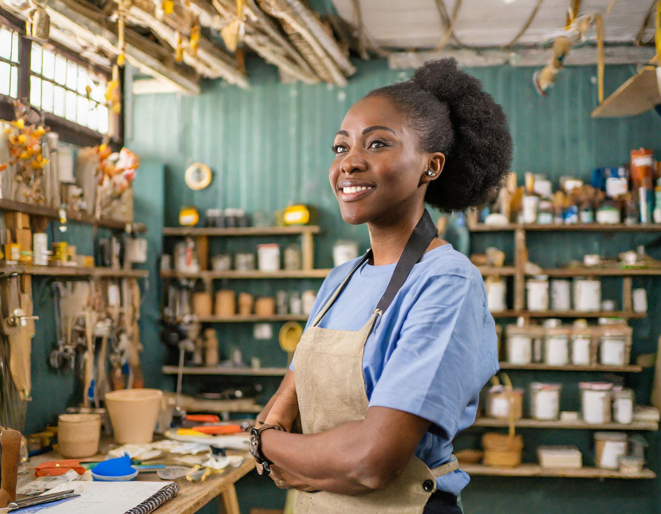 Weibliches Teammitglied mit professionellem Auftritt in zeitgemäßer Umgebung